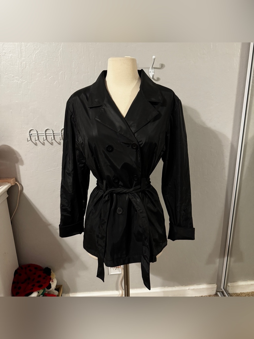 Black Metallic Trench Coat with Belt